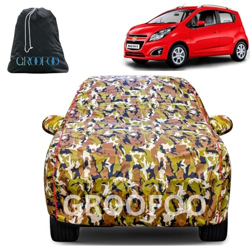 Image of GROOFOO Waterproof Car Body Cover with Mirror Pockets Compatible with Chevrolet Beat | Triple Stitch Blue Piping Car Cover UV & Dust Proof All-Weather Protection, Adjustable Buckle (Army and Red)