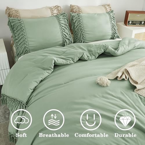 Image of Andency Full Size Comforter Set Sage Green, 3 Pieces Boho Tassel Lightweight Vintage Soft Bedding Comforter Sets, All Season Fluffy Fringe Bed Set (79x90In Comforter & 2 Pillowcases)