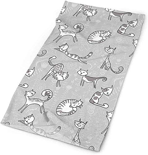 Headscarf 16-in-1 Headband - Microfiber Sports Headwear - Cute Cat Figures Posing Over Floral Feline Kitten Kitty Cartoon Art Bandana Balaclava for Cycling Yoga Fishing - Breathable/ Moisture Wicking