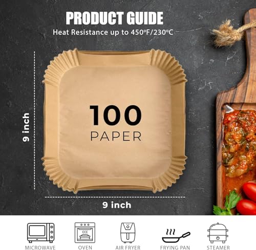 Roe Tenpo Air Fryer Liners, 100Pcs Disposable Baking Parchment Paper, Non-Stick & Greaseproof, Air Fryer Accessories for Ninja AF180UK AG301UK, COSORI, Tefal Easy Fry, Russell Hobbs Air Fryer