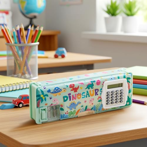 Image of Henoyso Multifunctional Pencil Box for Boys, Cute Dinosaur Pencil Case with Calculator and Sharpener, 2026 Back to School Supplies Organizer for Kids Teens Students, Elementary Gift