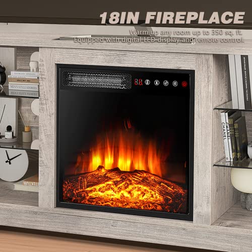 Lemberi 58 Inches Fireplace Tv Stand For Tvs Up To 65 Inches Console With 18'' Electric Fireplace ＆ Remote, Wooden Modern Entertainment Center For Living Room With Led Light Glass Shelves (Grey) #TOP1