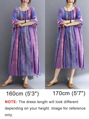 Image of Women Summer Dress with Pockets Plus Size Boho Floral Print Round Neck Loose Casual Flowy Dress