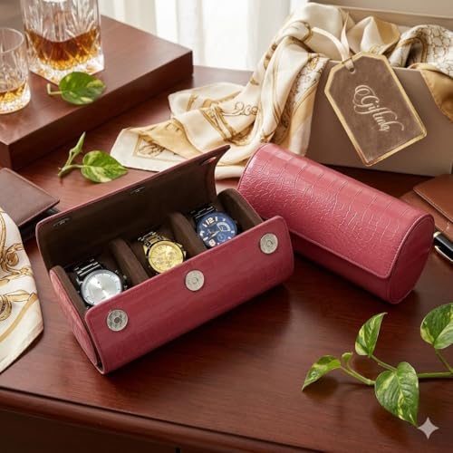 Image of essart Luxury Watch Storage Case - Premium Leather Organizer Box for Exclusive Timepieces, Elegant Display & Protection for Collectors (WR-1013-Croco-Maroon)