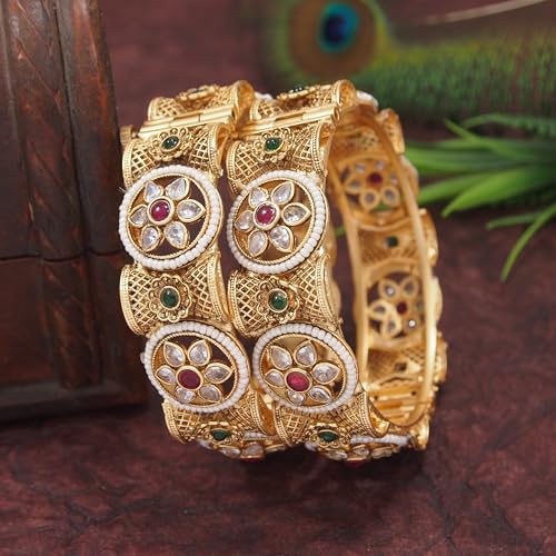 Image of Women's Traditional Bangles | Antique Gold-Plated with Kundan & Pearl Accents | Indian Ethnic Jewelry