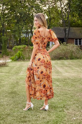 SCARLET DARKNESS Sommerkleid Damen Viktorianisches A-Linie Blumenkleid Puffärmel Kurzarm mit Rüschen Corsagenkleid Gelb und Sonnenblumen XL 5