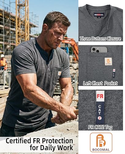 Image of BOCOMAL FR Shirts Flame Resistant Shirt 5.5oz 100% Cotton Light Weight CAT2 Fire Retardant Henley Shirts