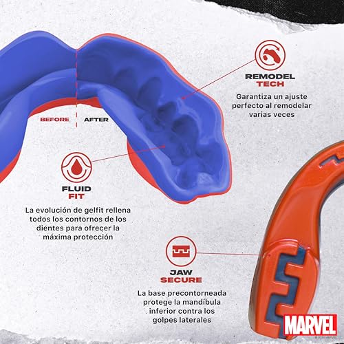 Diagrama del protector bucal Marvel mostrando la tecnología Fluid Fit y Jaw Secure para un ajuste perfecto.