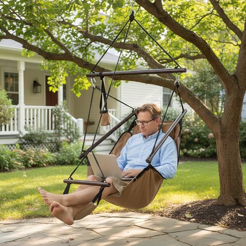 Image of ONCLOUD Upgraded Unique Hammock Sky Chair, Air Deluxe Hanging Swing Seat with Rope Through Beech Wood Bar Safer Relax with Drink Holder & Fuller Pillow for Indoor Outdoor Patio Yard 250LBS (Tan)