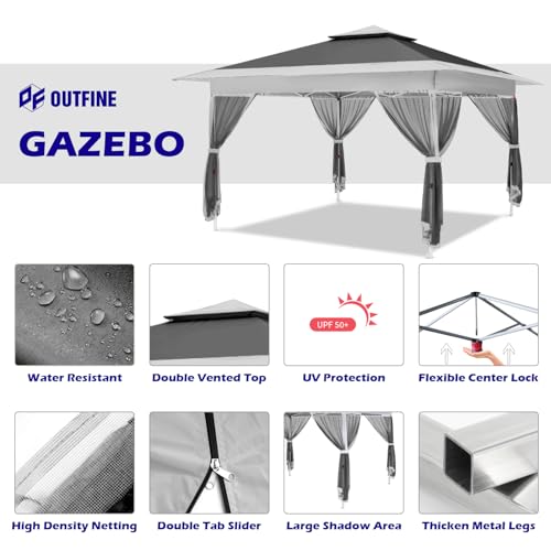 OUTFINE 12’x12’ Top 10’x10’ Base Gazebo Outdoor Pop up Canopy Tent with Curtains and Shelter for Patio, Party & Backyard (Grey, 12 * 12FT) - Image 2