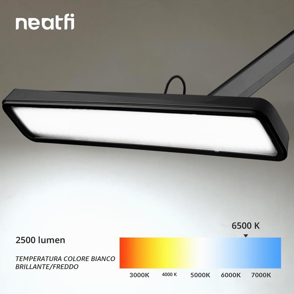 Neatfi XL Lampada da Lavoro LED per Tavolo Manicure, Hobby, Banco da Lavoro e Ufficio – Luce da Scrivania con Testa da 56 cm | 4 Livelli di Luminosità (Nero, Non-CCT con morsetto)