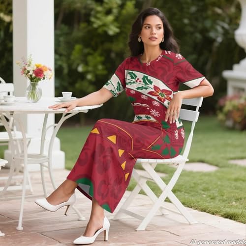 Image of Polynesian Dress for Women Short Sleeve High Waist Maxi Skirt | Puletasi dress, t-shirt and skirt two-piece, elastic material, lightweight, soft, plus size, luau party, wedding, clubwear
