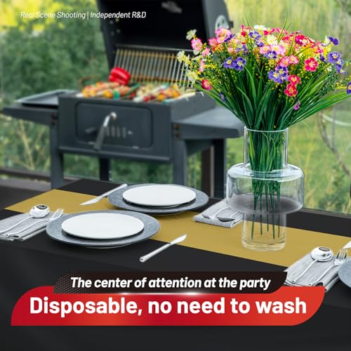 Image of Plastic Table Cloth, 110 Ft X 54 In Disposable Tablecloth Black and Gold Tablecloth Premium PEVA Plastic Table Cloth Disposable with Any Cut Sliding Cutters for Picnics, Parties, Birthdays, Festivals