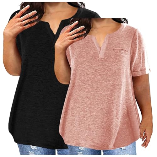 Camiseta de manga corta con cuello en V para mujer, 2 piezas, talla grande, holgada, para primavera, verano, para descansar, para uso diario, rosa, 4XL