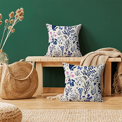 Image of AEIOAE Summer Pillow Covers 18x18 Inch Set of 2,Navy Blue Wild Flower Plant Throw Pillows Case,Seasonal Floral Outdoor Decorative Square Linen Farmhouse Decor Cushion Covers for Home Sofa Bed Couch