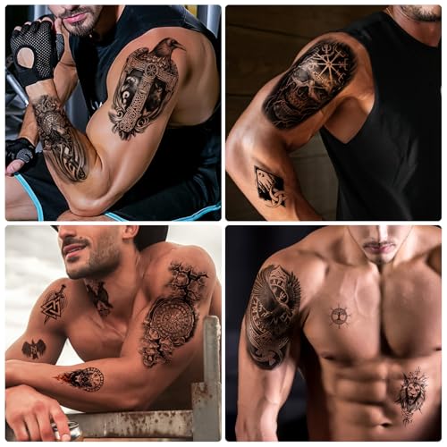 Image of 77 sheets Viking Temporary Tattoos Adult, Nordic Celtic Tattoos, Totem Tribal Fake Tattoo Stickers for Viking Costume, Nordic Norse Yggdrasil Valknut Fake Arm Tattoos for Women Men Kids
