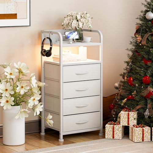 IKIFLY チェスト 棚付き 収納チェスト タンス LEDライト付き キャビネット引き出し 洋服収納 箪笥リビング収納 布製引き出し 寝室収納ケース USBポート 衣類収納 軽量 コンパクト 省スペース 薄型 スリム 木製天板 転倒防止 組み立て簡単 2段階棚 (ホワイト)