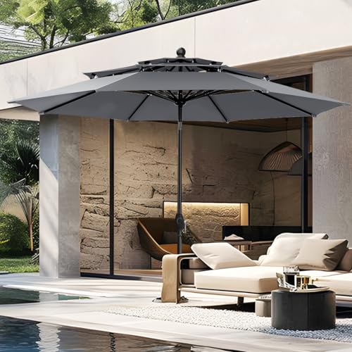 Image of PHI VILLA 10ft Outdoor Patio Umbrellas for Outside, 3 Tier Vented Market Table Umbrella Windproof for Backyard, Deck, Garden, 1.5 inch Pole, Grey(No Base)