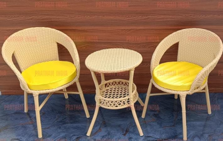 Image of India 3 Piece Outdoor Indoor All Weather Wicker Patio Furniture Set 2 Wicker Rattan Chairs and Table for Balcony Garden Patio Porch Poolside Backyard Furniture (Honey + Yellow Pillow)