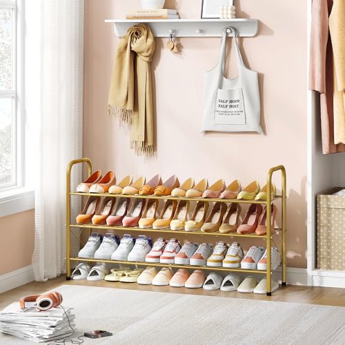 Image of Hoctieon 3 Tier Mesh Style Shoe Rack, Entryway Shoe Shelf, Shoe Storage Organizer, Shoe Rack for Closet, Space Save for Bathroom, Garage, Hallway, Bedroom, Living Room, Gold
