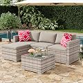 MilleLoom 5-Piece Outdoor Sectional Sofa Set, All-Weather PE Rattan Patio Furniture with Ottoman & Tempered Glass Table, Convertible Garden Couch for Backyard, Porch, Poolside (Gray)