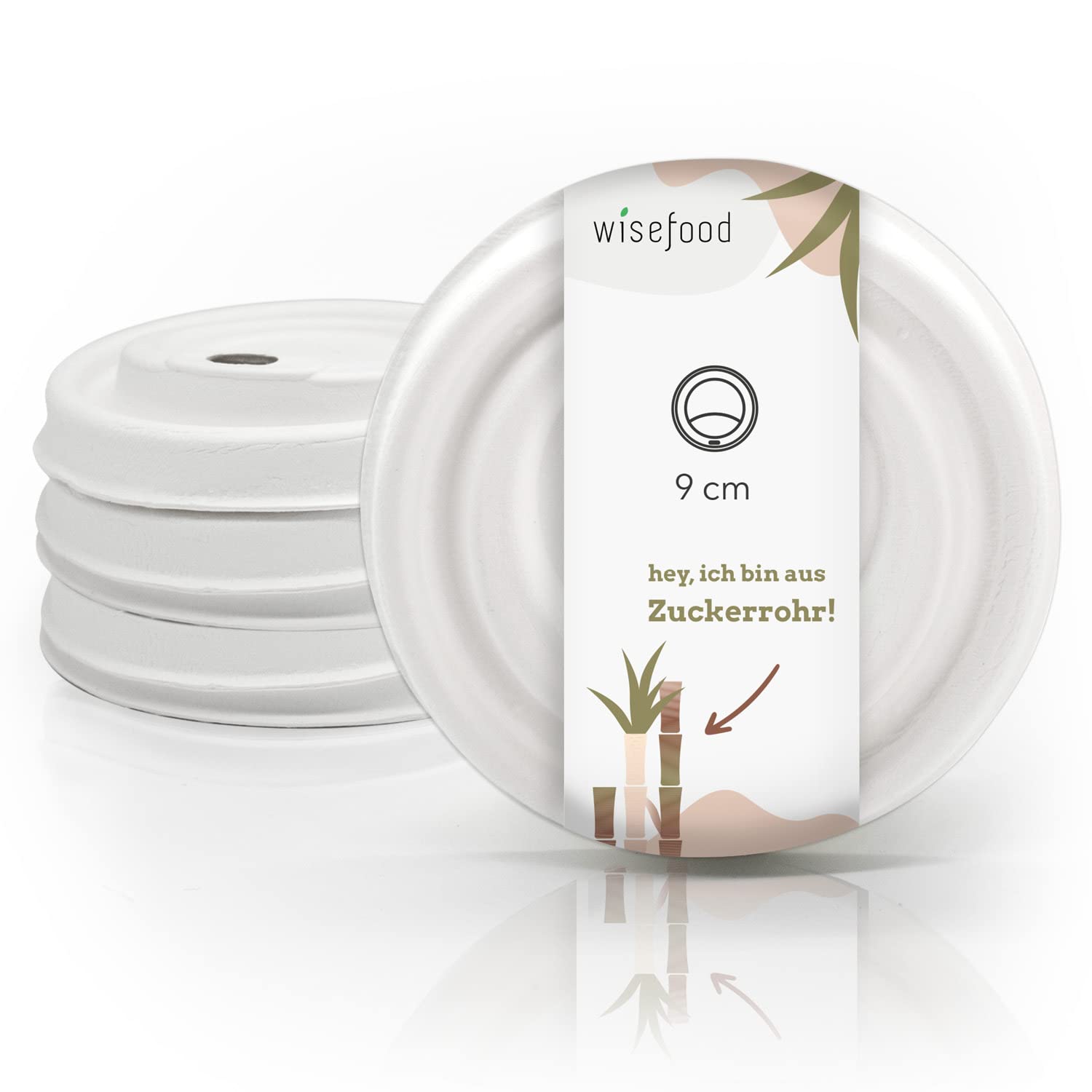 wisefood Pokrywki do kubków do kawy z trzciny cukrowej, 50 sztuk, pokrywki Coffee to Go ∅ 90 mm, jednorazowe pokrywki do kawy, białe, pasują do kubków 300 ml, biodegradowalna pokrywka z wytłoczyn bez