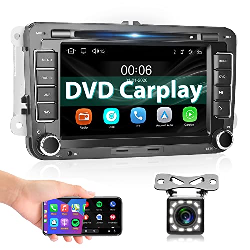 Podofo DVD CD Radio de Coche Carplay para VW Seat Skoda Android Auto Bluetooth Libre Pantalla Táctil de 7" FM Radio SD USB Enlace Espejo Reproductor Multimedia de Coche +Canbus+Cámara Cover