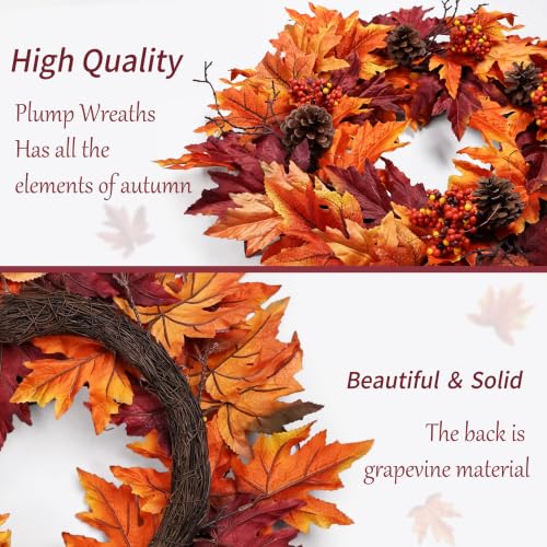 Image of Ghrdopy 24in Fall Wreath for Front Door with 20 Lights & Timer | Pre-Lit Wreath with Maple Leaves, Berries & Pinecones, for Indoor Outdoor Wall Porch Thanksgiving, Halloween home Decor