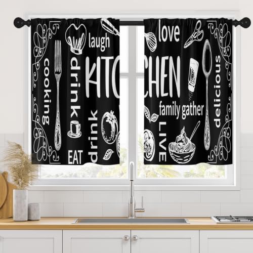 Arttown Black Kitchen Curtains 36 Inch Length Doodle Window Short Tier Curtains Over Sink Set of 2 Funny Abstract Small Kitchen Decor