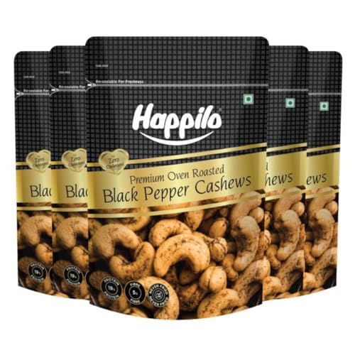 Image of Happilo Salted Black Pepper Whole Cashews 160g|Crunchy Nuts|Non-Fried|Zero Cholesterol Natural Jumbo Size Whole Kaju Nuts & Dry Fruits|Rich in Protein, Roasted Crunchy Delicious Healthy Snacks