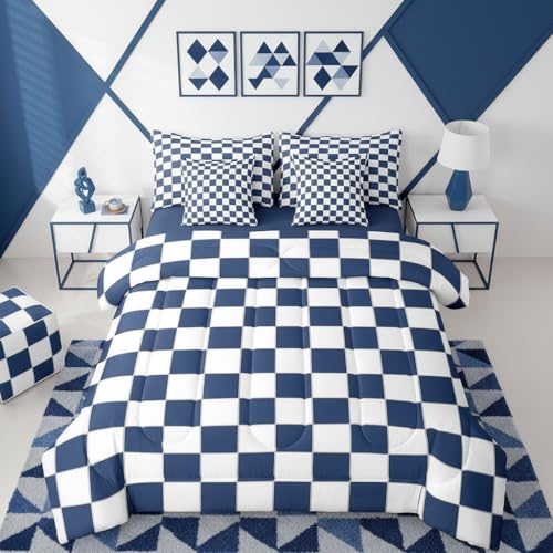 Image of Erosebridal White Blue Plaid Queen Comforter Set with Sheets 7 Piece Navy Blue Checkerboard Bedding Set for Kids Boys Teen,Checkered Grid Bed in A Bag Modern Aesthetic Geometric Bed Set