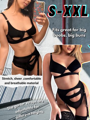 Foto de Kaei&Shi Conjunto de liguero de lencería con tiras, traje sexy de San Valentín para mujer, travieso, Lenceria para mujer, luna de miel (imagen 4)