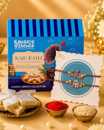Image of House of Treats Rakhi With Sweets Kaju Katli 200g Rakhi Gift for Brother Set of 2 Rakhi With Sweet Box for Gift Raksha Bandhan Sweets Gift Pack
