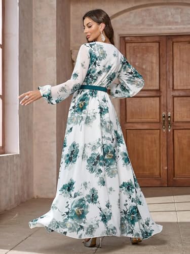 Image of TOLEEN Summer Casual Dresses for Women 2024 Spring Fashion Boho V Neck Long Sleeve Ruffle Floral Print Elegant Maxi Dress