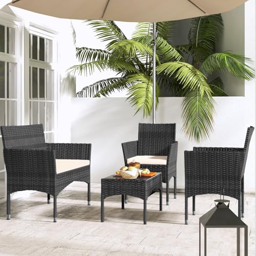 Image of Patio Furniture Set, 4 Piece Sectional Conversation Sofa, Outdoor Wicker Rattan Table and Chairs with Thick Cushion for Garden, Yard, or Porch