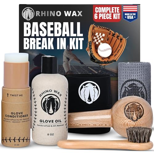 Rhino Wax - Baseball Glove Ultimate Break-in Kit - Includes Premium Oil for Ball Gloves, Mitt Conditioner, Hardwood Mallet, Wrap, Brush, and Microfiber Cloth - This is How to Break in a Glove Fast