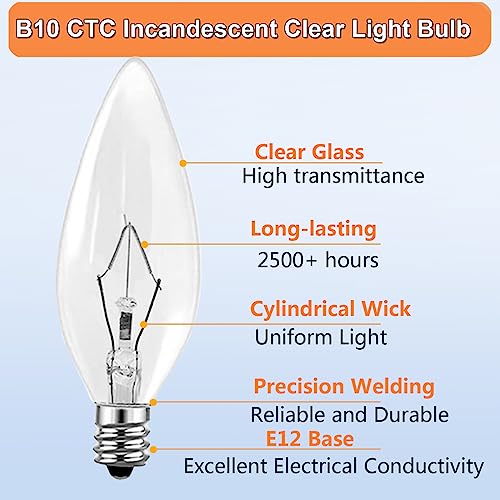 Paeorrorl 10 Packs 60W B10 Ctc Incandescent Clear Light Bulbs,120V E12 Candelabra Base Straight Torpedo Tip Candle Light Bulbs,Fit For Chandeliers,Ceiling Fan Lights,Pendants,Fireplace #TOP4