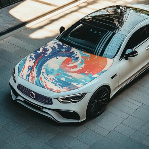 Image of Ukiyo-e Great Wave Car Hood Covers for Automobiles, Retro Aesthetic Art Sea Wave Sunset Elastic Fabric for Car Hood Decoration, Can be Washed Auto Accessories