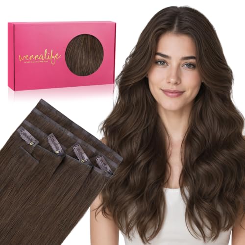 Image of WENNALIFE Invisible Edge Seamless Clip in Hair Extensions Real Human Hair | 14'' 130g 9pcs Chocolate Brown. Ultra-Thin PU Weft, Easy, Comfortable Clip in Luxury Remy Hair Extensions