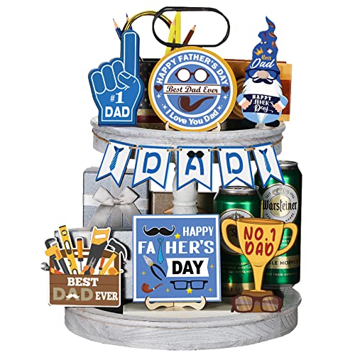 Chunful 11 Pcs Father's Day Tiered Tray Decorations Set Gnome Rustic Farmhouse Table Mini Wooden Sign Best Dad Ever Decor Tabletop Blocks Tray Sign for Dad Gift Table Party Supplies Home(For Dad)