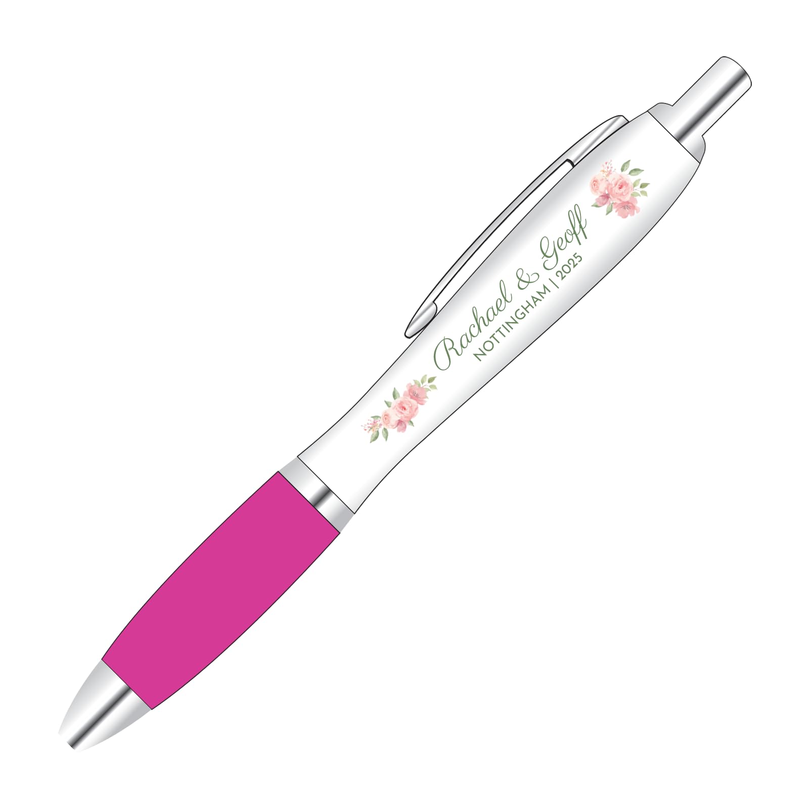 Full Colour Printed Pink Flower Design Wedding Pen Wedding Favour With Personalised Text and pink coloured grip.