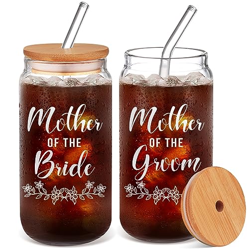 HOOMUU 2 Pack Mother Of The Bride Gifts Mother Of The Groom Gifts - Mother Of The Bride And Groom Glass Cups With Lids And Straws For Wedding Engagement Bridal Shower Bachelorette Gifts