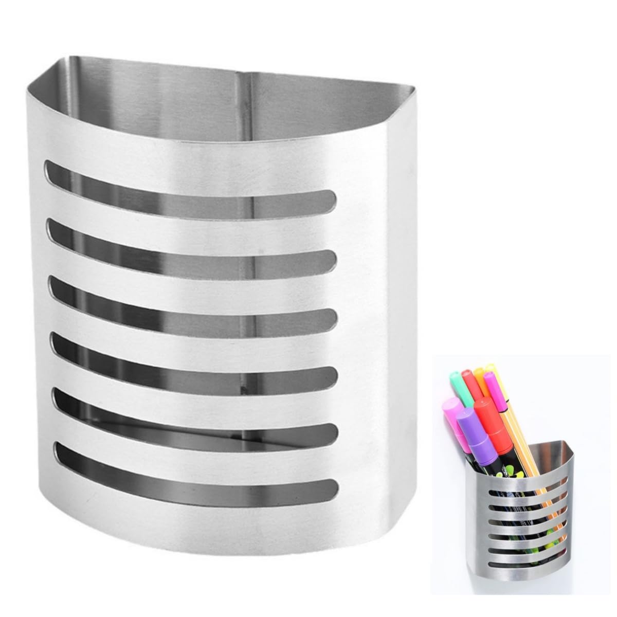 Magnetic Modern Pen and Pencil Holder Metal Writing Utensil Storage Organizer for Kitchen, Locker, Home, or Office Brushed Stainless Steel (1Pcs)