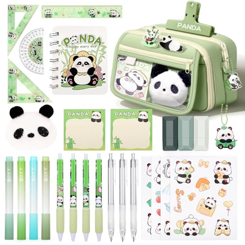 KOSTACHI Estuche Escolar Panda con Papelería Kawaii, Material Escolar con Estuche Panda, Subrayadores, Boligrafos Gel Panda & Reglas, Set Papelería Panda para Regalos para Niñas & Niños, Verde