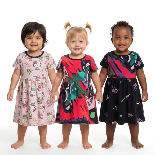 Image of Kids 3 Combo Cotton Frock for Girls | Multicolour Knitted Summer Dress | Below Knee Baby Girl Dress with Round Neck & Cup Sleeves (Random Colours)