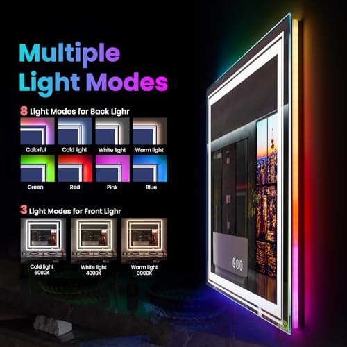 LED Mirror for Bathroom, 72"X32" with 8 RGB Backlit +3 Front Lit (Adjustable Individually), Anti-Fog, Large Lighted Bathroom Vanity Mirror for Wall,Shatterproof,Memory Function,Tempered Glass