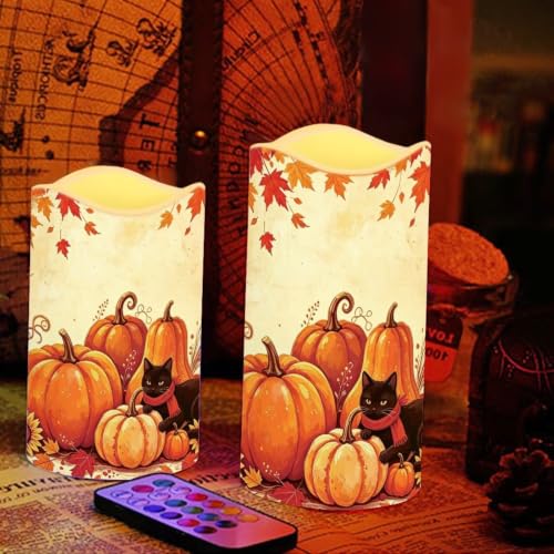 Image of Fall Black Cat Battery Operated Candles Set of 4 | Thanksgiving Day Battery Operated LED Pillar Candles, Flickering Flame, Multi‑Color Changing, Home Decor for Living Room