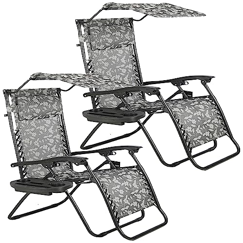 BTEXPERT Set of 2, Adjustable Steel Mesh Zero Gravity Lounge Chairs Case Outdoor Patio Recliner Beach Yard Garden with Pillow Sunshade Utility Tray Cup Holder (2pcs, Black with Canopy)