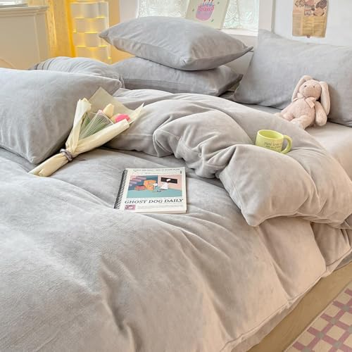 フランネル布団カバーセット あったか 【超厚さマイクロファイバー 暖かさ+4℃】 寝具カバーセット 掛け布団カバー シーツ まくらカバー 冬用 洋式・和式兼用 吸湿発熱 4点セット 枕カバー ふんわり肌触り 発熱 静電気なし(フランネル 011グレー ダブ