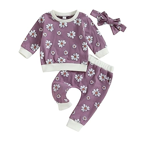 Image of 3Pcs Baby Girl Outfits Daisy Sweatshirt + Pants + Headband Infant Fall Winter Clothes